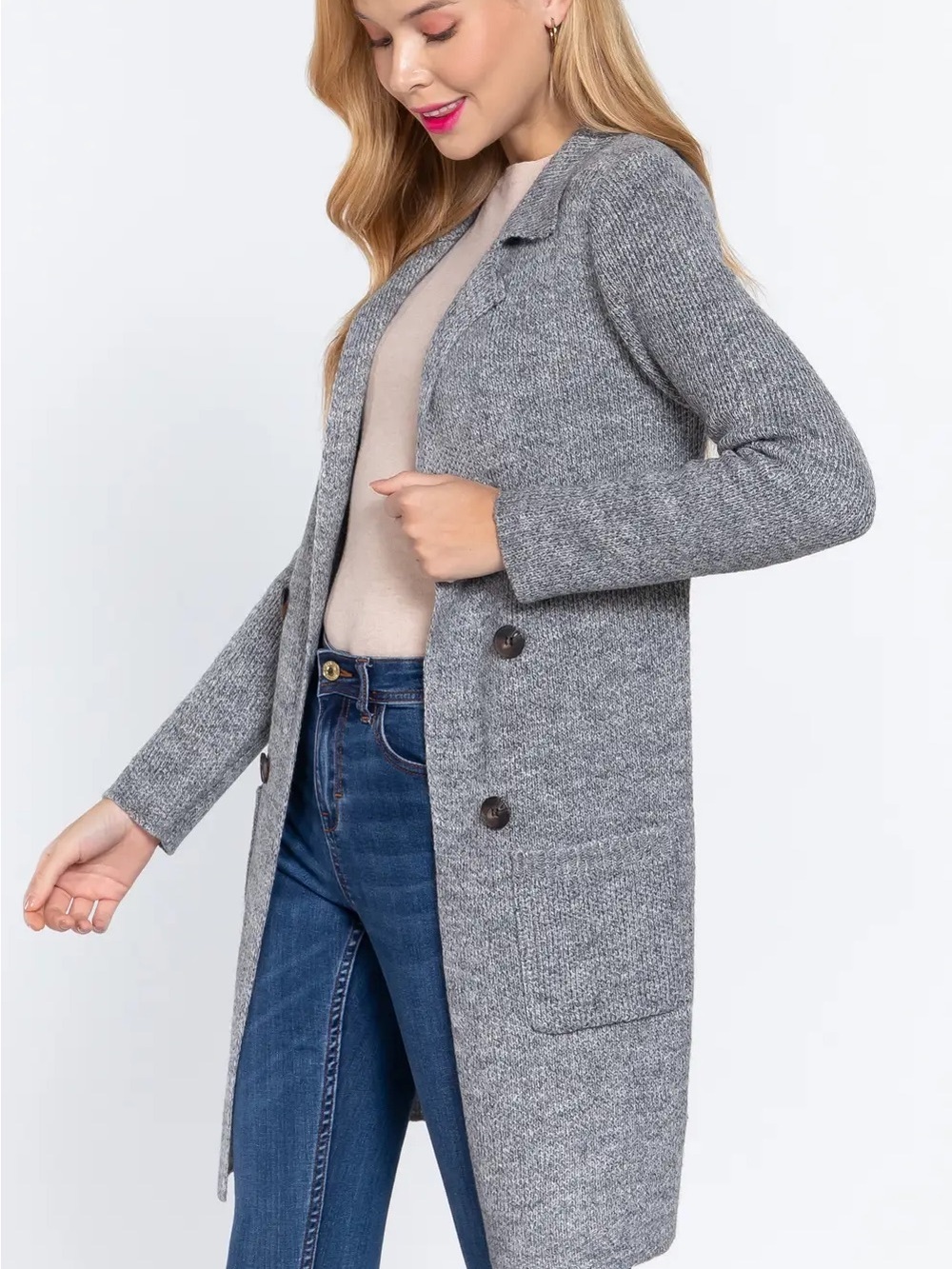 Active USA Double-Breasted Gray Knit Cardigan Coatigan - Picture 10 of 10